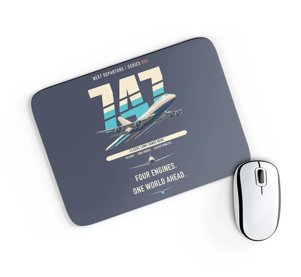 Boeing 747-400 design on navy blue rectangle mouse pad