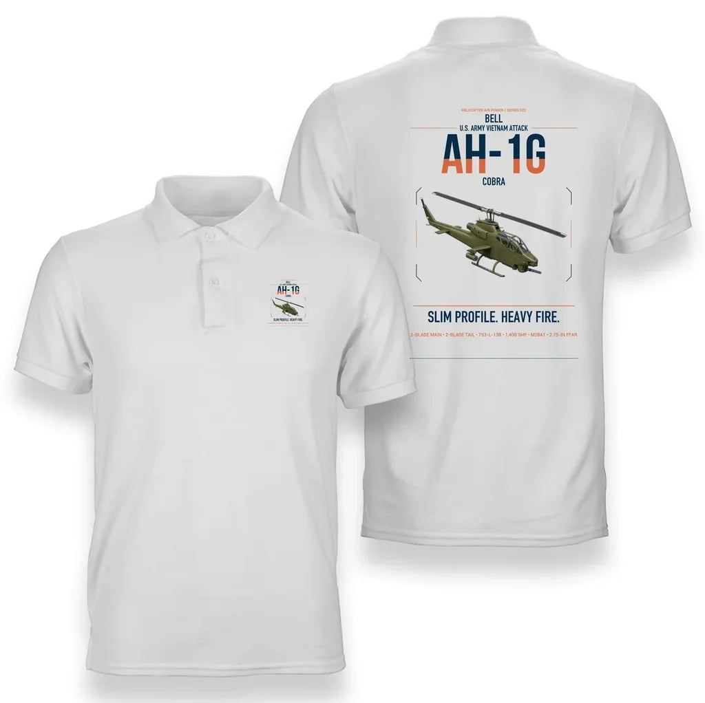 Bell AH-1G Cobra design on white double-side polo t-shirt, double-side print