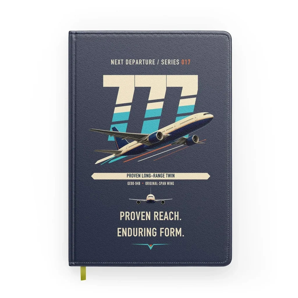 Boeing 777-200ER design on navy blue notebook