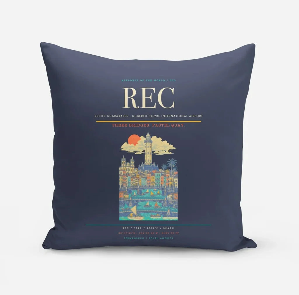 Recife Guararapes (REC) design on navy blue pillow