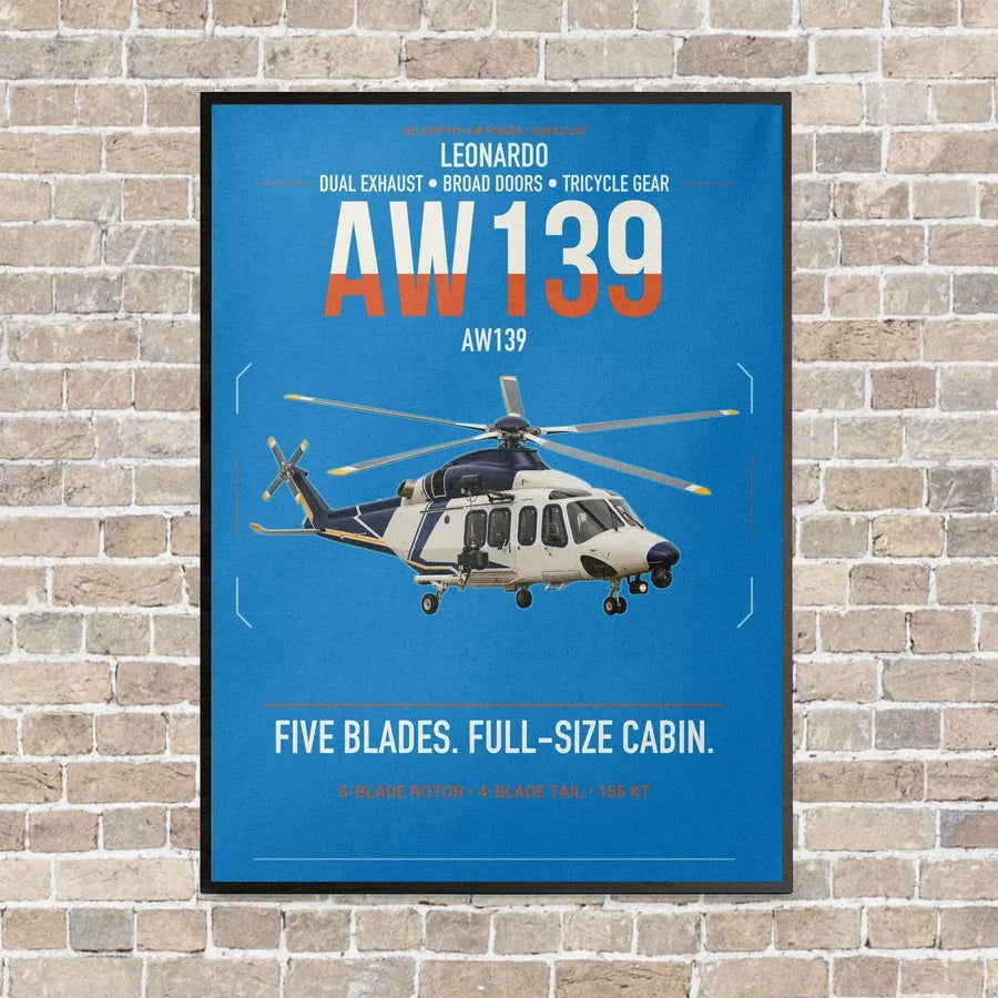 Leonardo AW139 vertical canvas print - framed - turquoise background