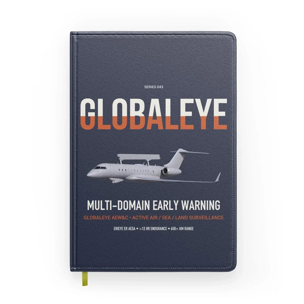 Saab GlobalEye design on navy blue notebook