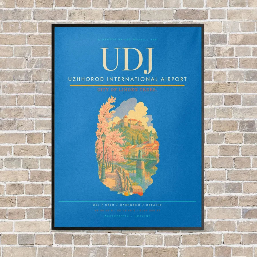 Uzhhorod International Airport UDJ vertical canvas print - framed - turquoise background