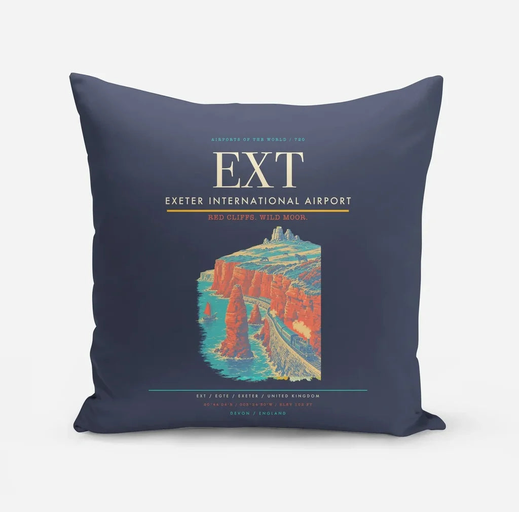 Exeter International Airport (EXT) design on navy blue pillow