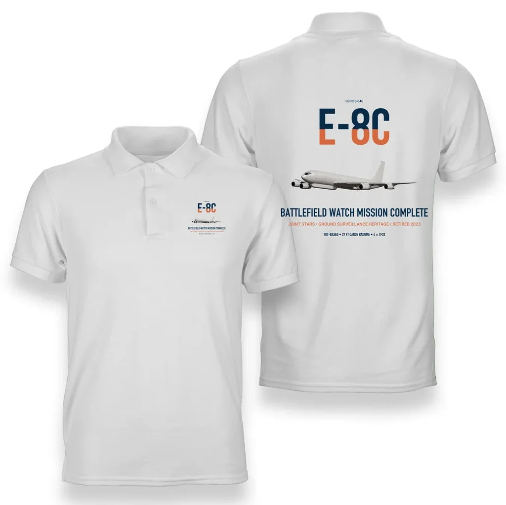 E-8C Joint STARS design on white double-side polo t-shirt, double-side print