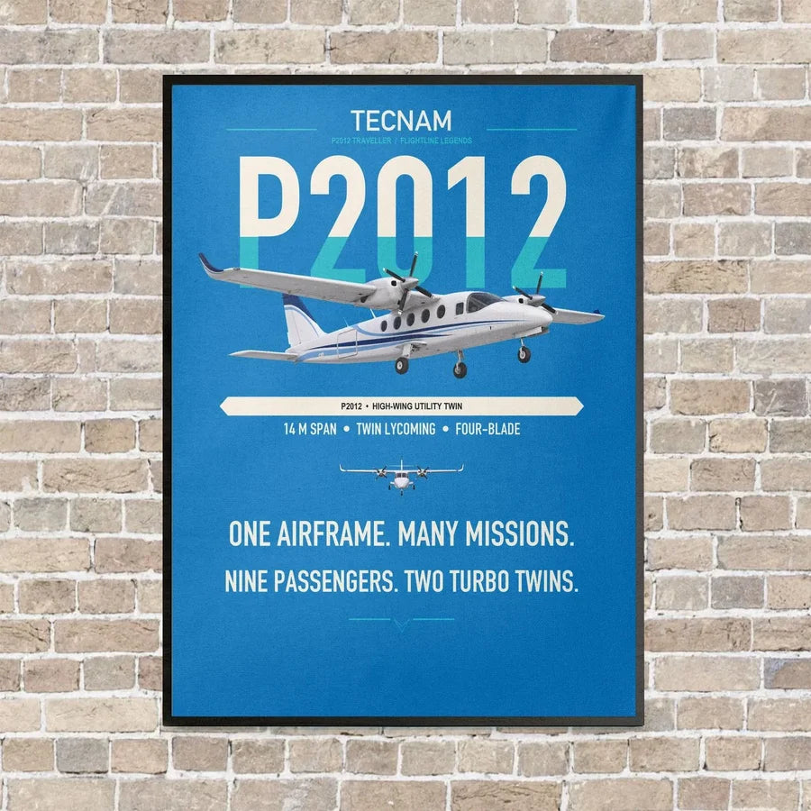 Tecnam P2012 Traveller vertical canvas print - framed - turquoise background