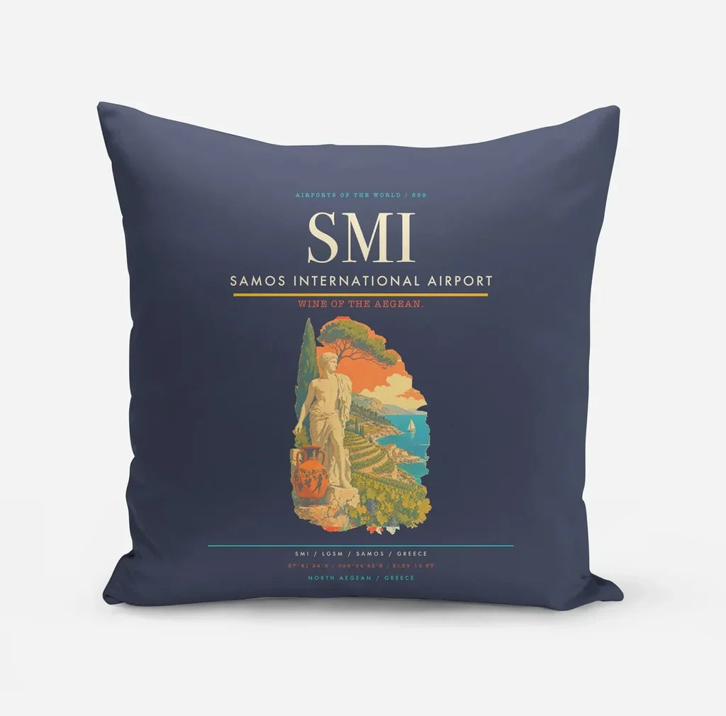 Samos International Airport (SMI) design on navy blue pillow
