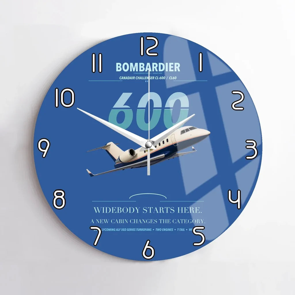 Bombardier Challenger 600 design on blue no frame wall clock