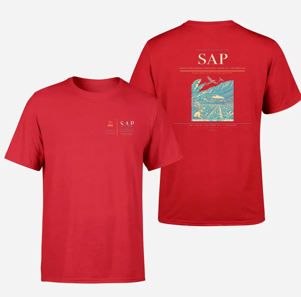 Ramón Villeda Morales International Airport (SAP) design printed on red double-side t-shirt