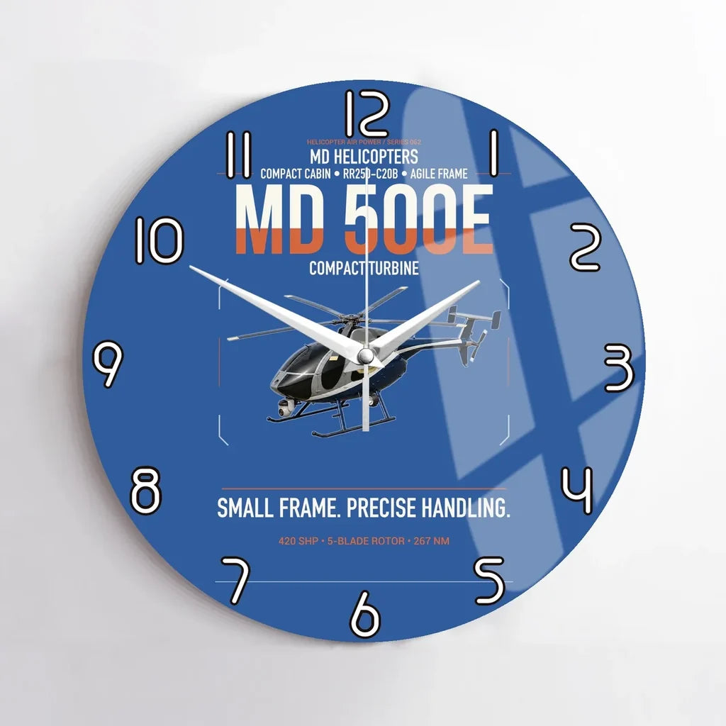 MD Helicopters MD 500E design on blue no frame wall clock