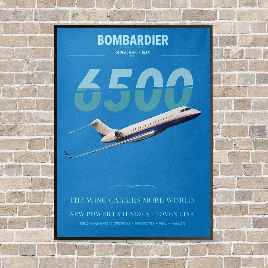 Bombardier Global 6500 vertical canvas print - framed - turquoise background