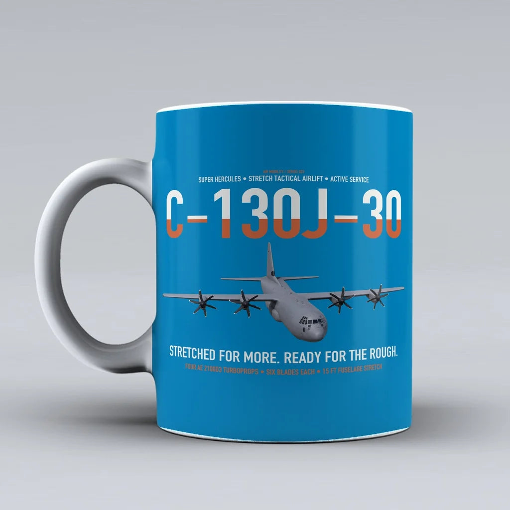 C-130J-30 Super Hercules design on turquoise ceramic mug, double-side print
