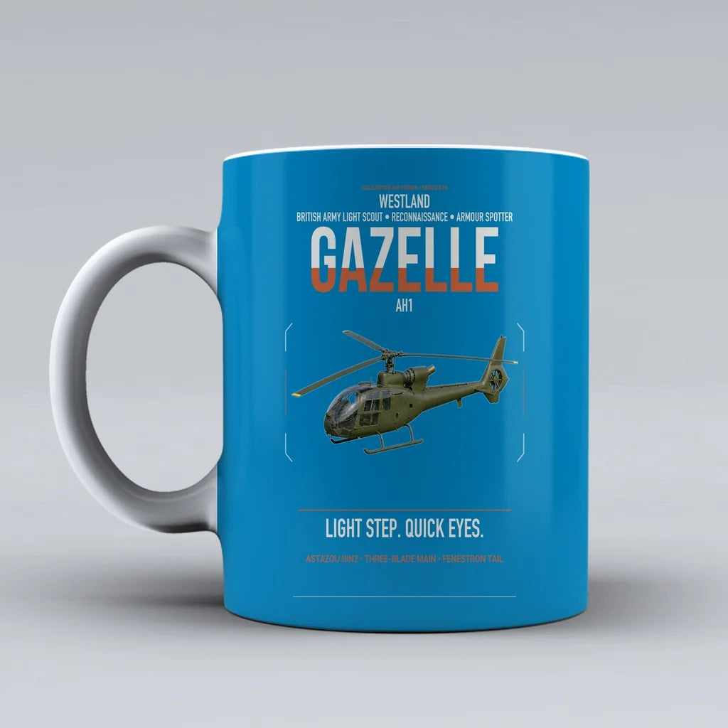 Westland Gazelle AH1 design on turquoise ceramic mug, double-side print