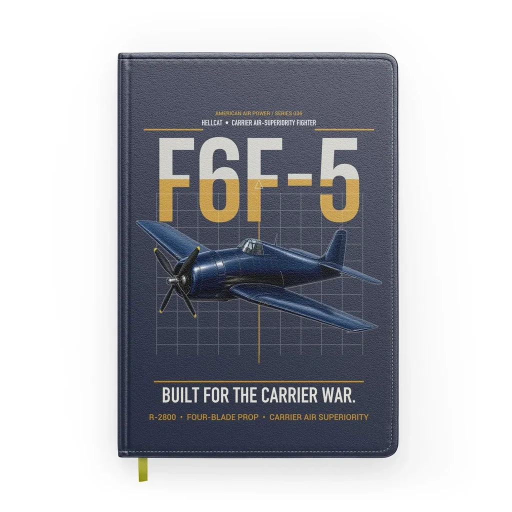 F6F-5 Hellcat design on navy blue notebook