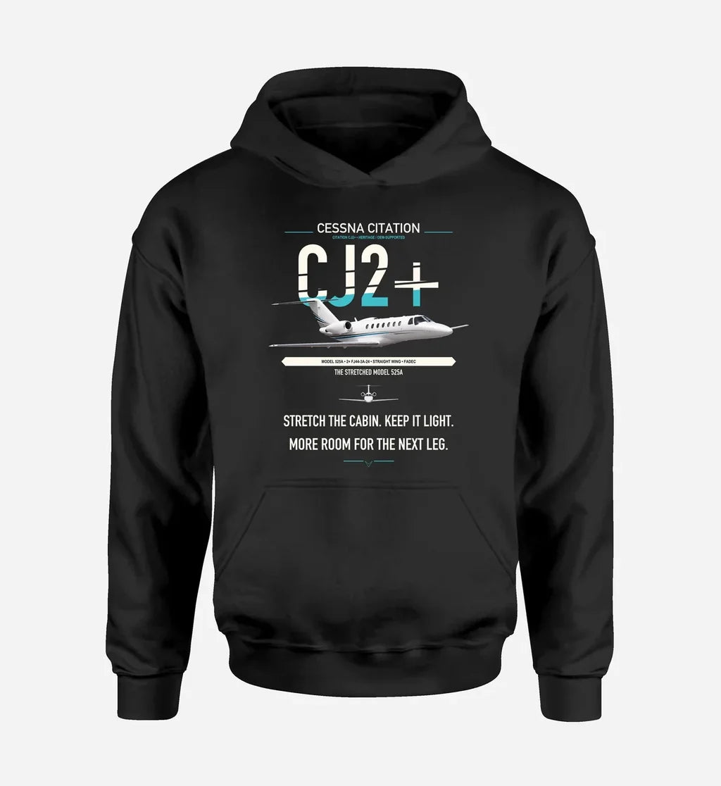 Cessna Citation CJ2+ design on black double-side hoodie, single-side print