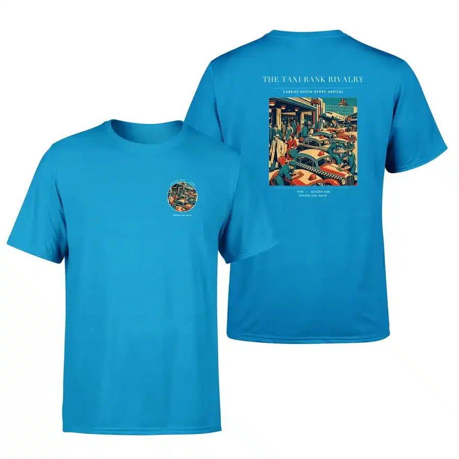 VINTAGE G4376 - The Taxi Rank Rivalry - Double-Side T-Shirt design on turquoise double side t shirt