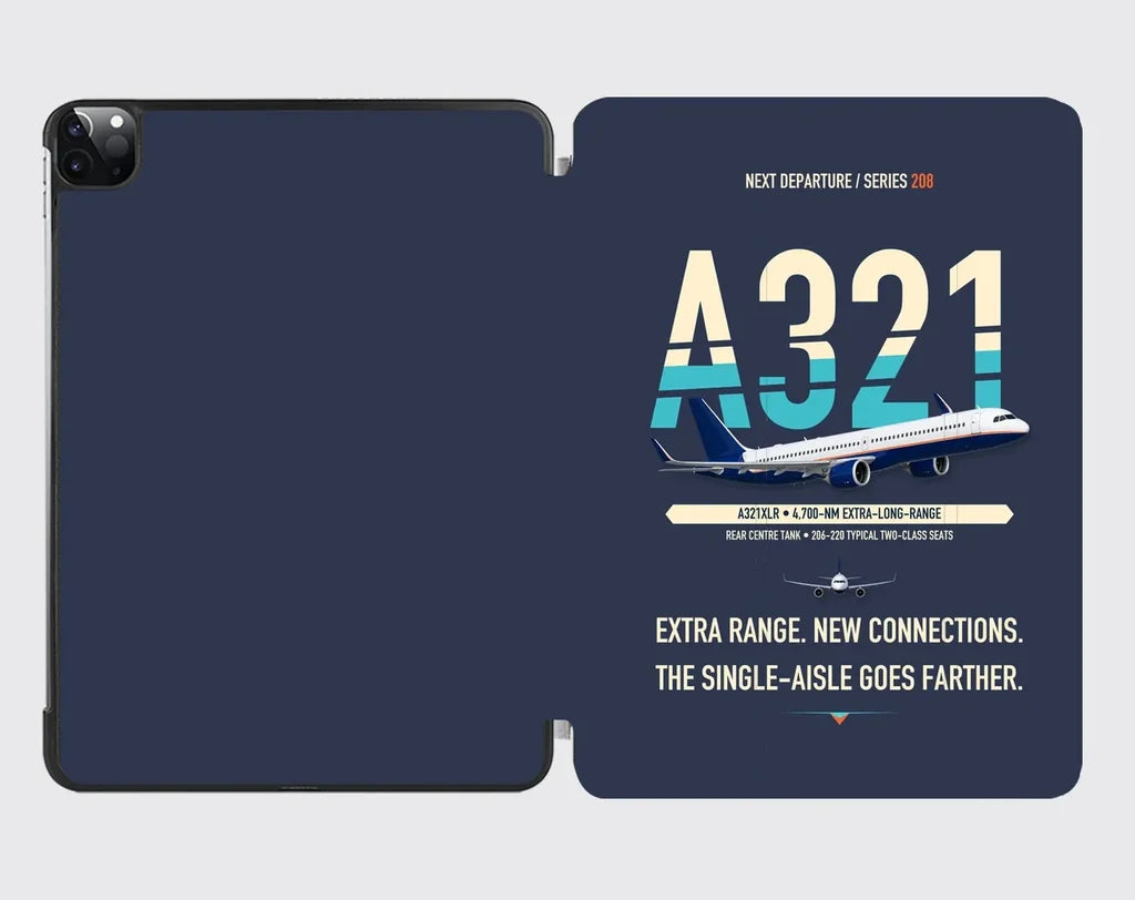 Airbus A321XLR design on navy blue ipad tablet case