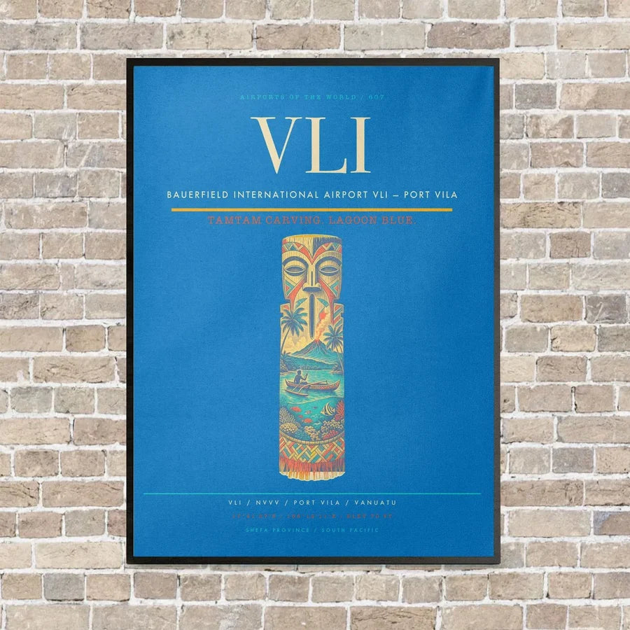 Bauerfield International Airport VLI — Port Vila vertical canvas print - framed - turquoise background