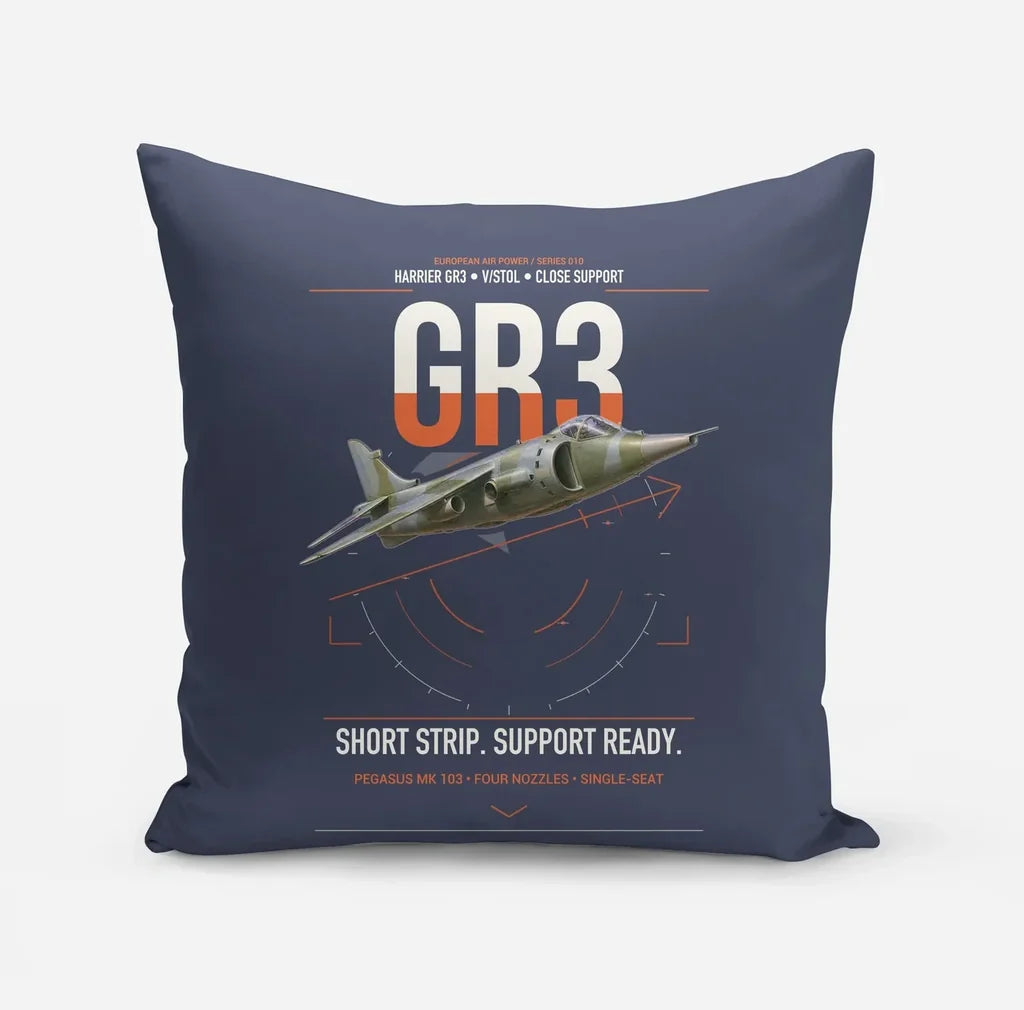 Hawker Siddeley Harrier GR3 design on navy blue pillow