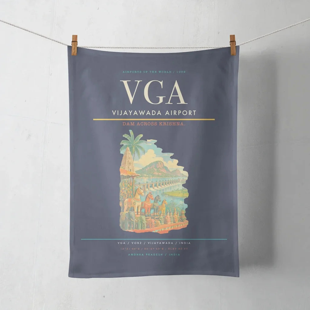 Vijayawada Airport (VGA) design on navy blue towel
