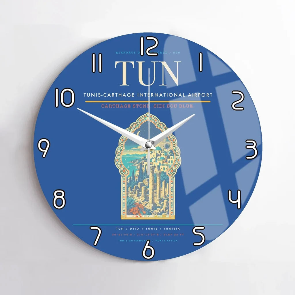 Tunis-Carthage International Airport (TUN) design on blue no frame wall clock