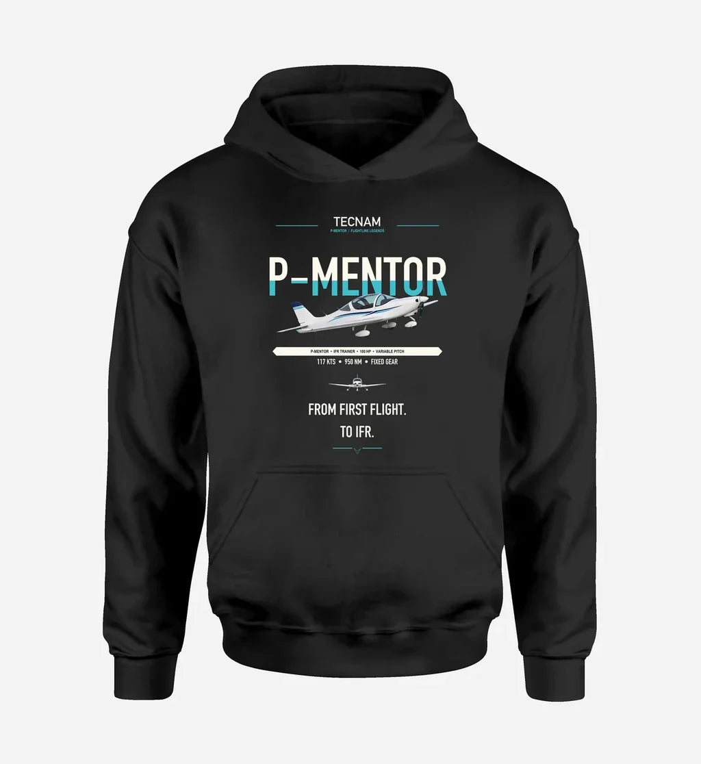 Tecnam P-Mentor design on black double-side hoodie, single-side print