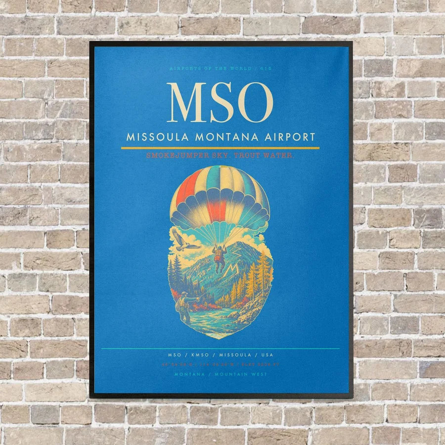 Missoula Montana Airport MSO vertical canvas print - framed - turquoise background