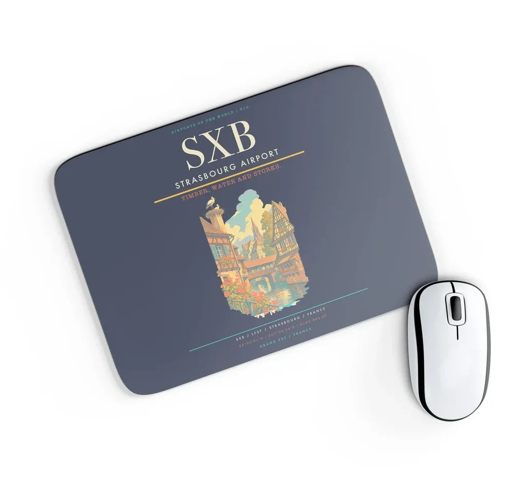 Strasbourg Airport (SXB) design on navy blue rectangle mouse pad