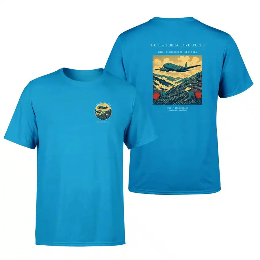 VINTAGE G4342 - The Tea Terrace Overflight - Double-Side T-Shirt design on turquoise double side t shirt
