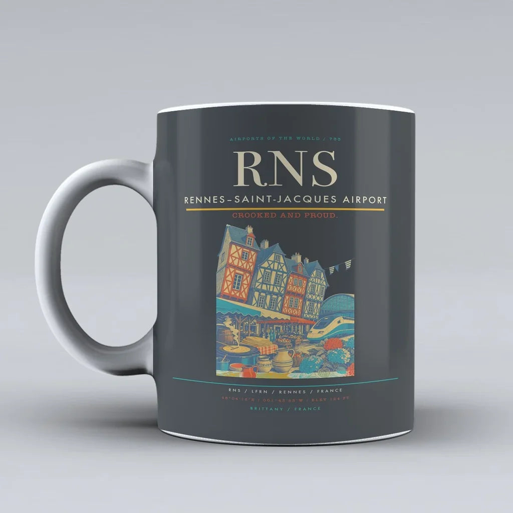 Rennes–Saint-Jacques Airport (RNS) airport code design on gray ceramic mug