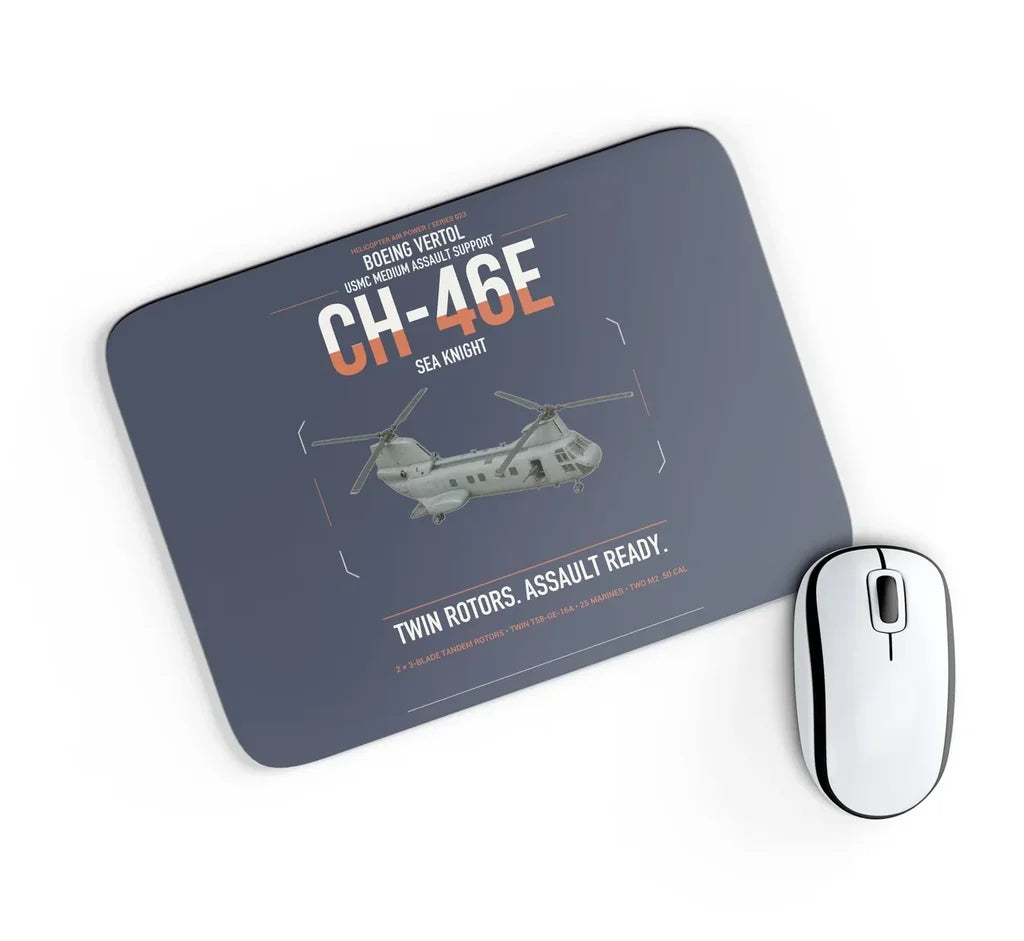 Boeing Vertol CH-46E Sea Knight design on navy blue rectangle mouse pad