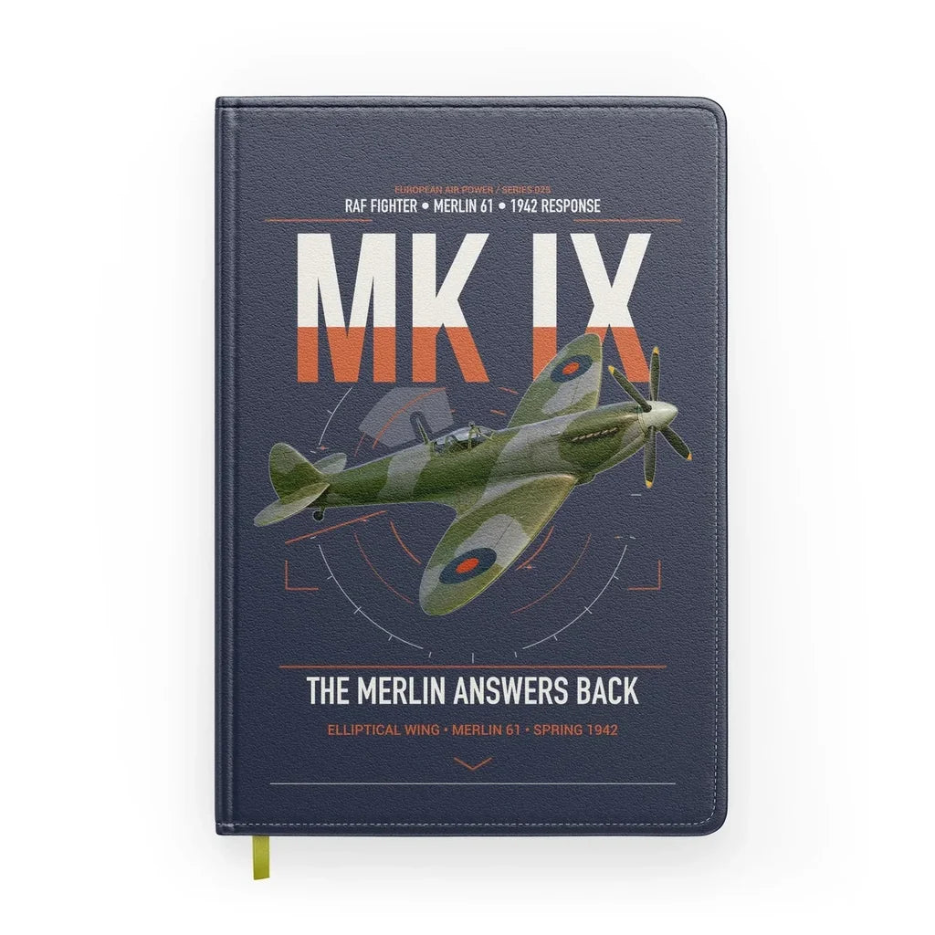 Supermarine Spitfire Mk IX design on navy blue notebook
