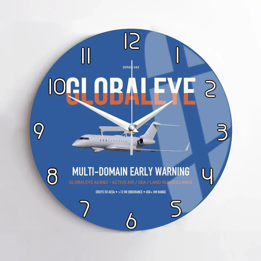Saab GlobalEye design on blue no frame wall clock