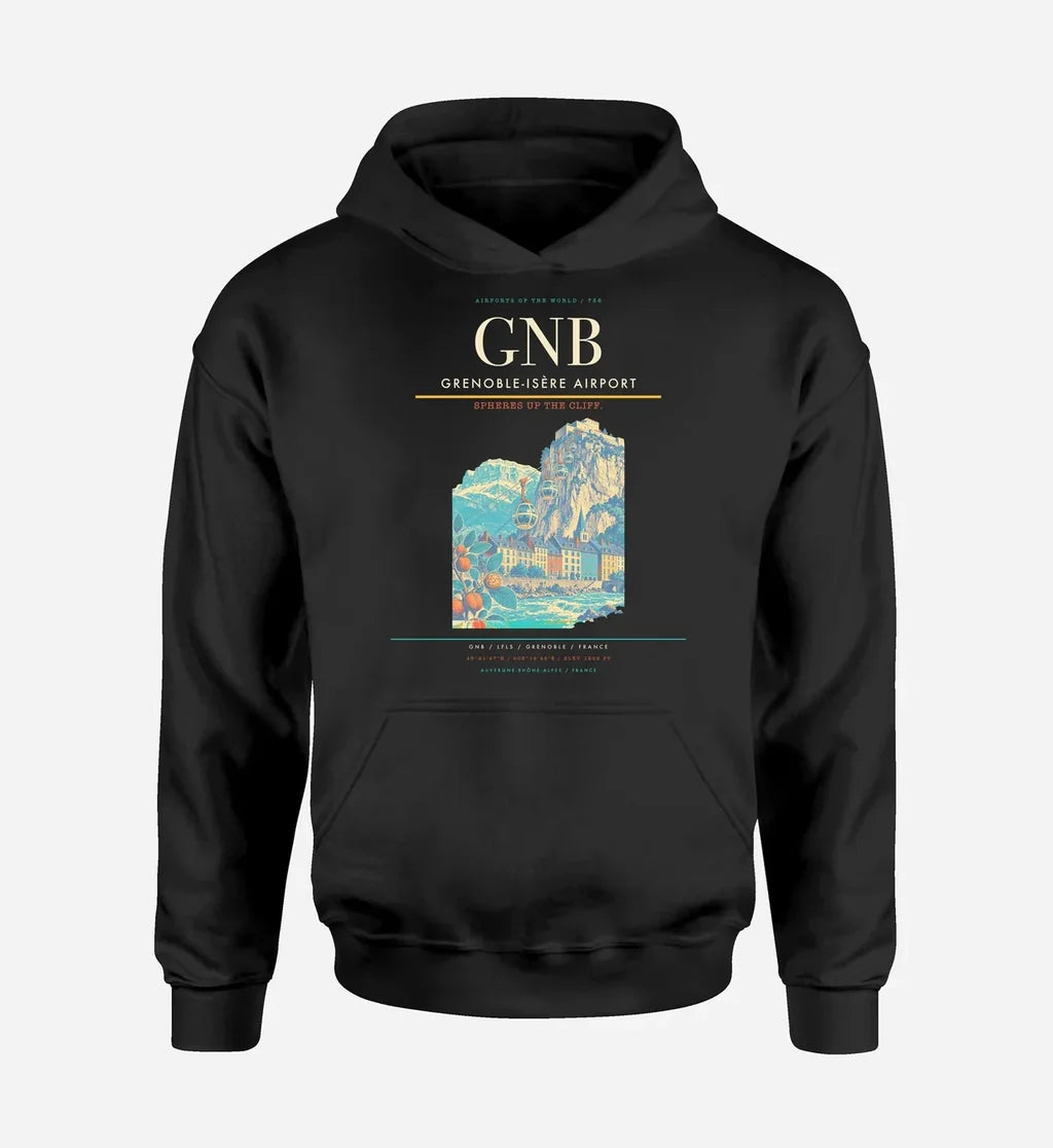 Grenoble-Isère Airport (GNB) design on black hoodie single-side print