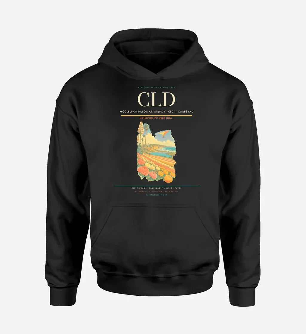 McClellan-Palomar Airport (CLD) design on black hoodie single-side print