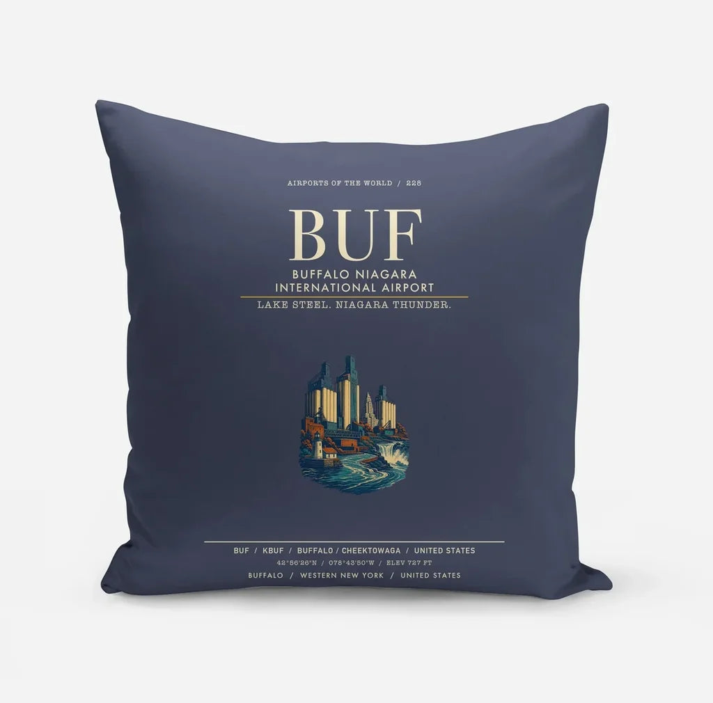 Buffalo Niagara International Airport (BUF) design on navy blue pillow