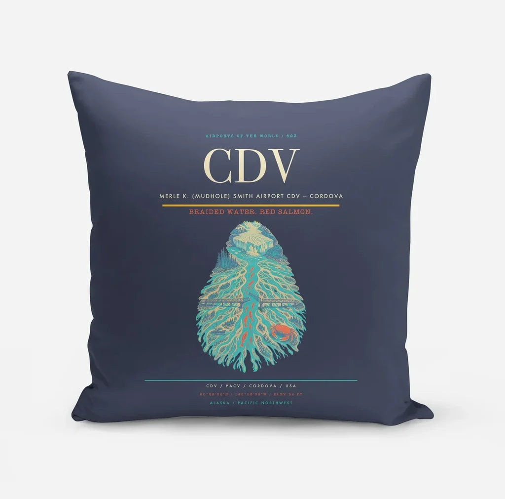 Merle K. (Mudhole) Smith Airport (CDV) design on navy blue pillow