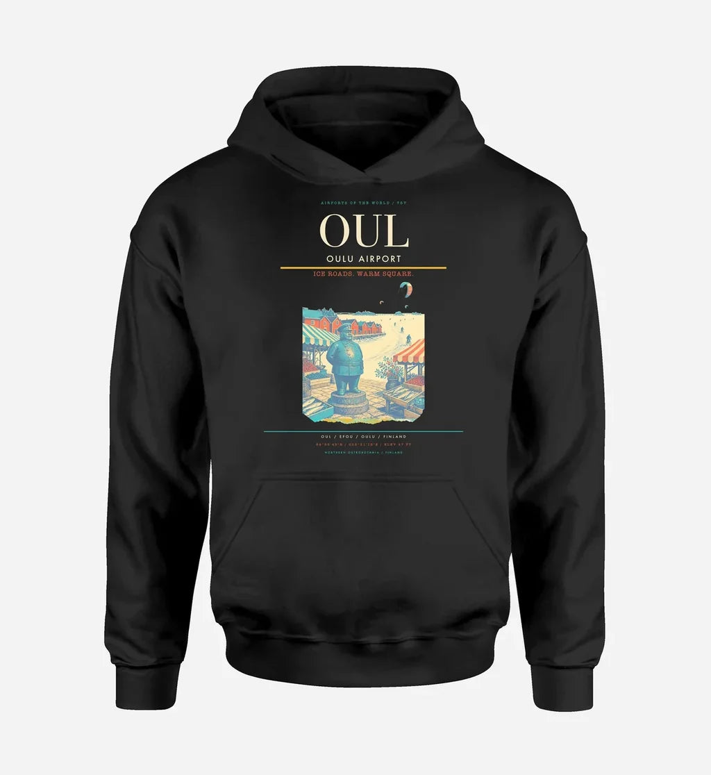 Oulu Airport (OUL) design on black hoodie single-side print