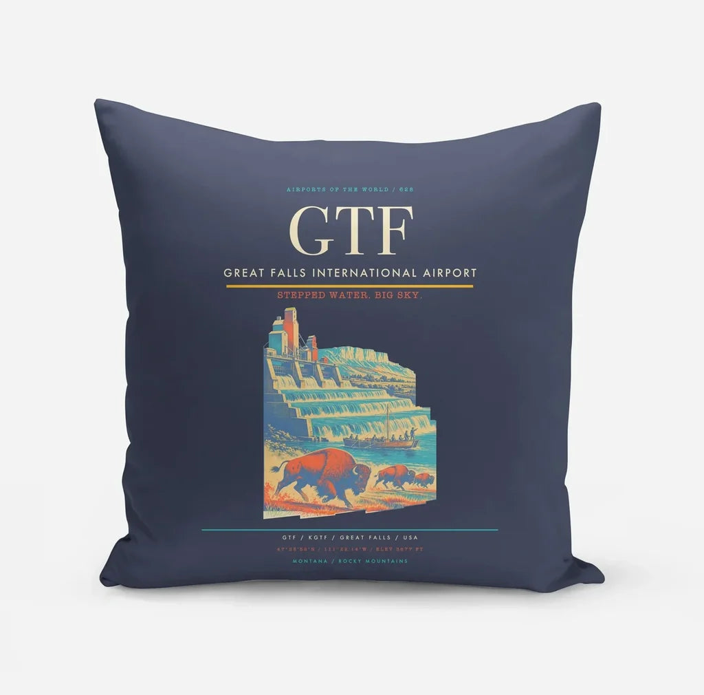 Great Falls International Airport (GTF) design on navy blue pillow