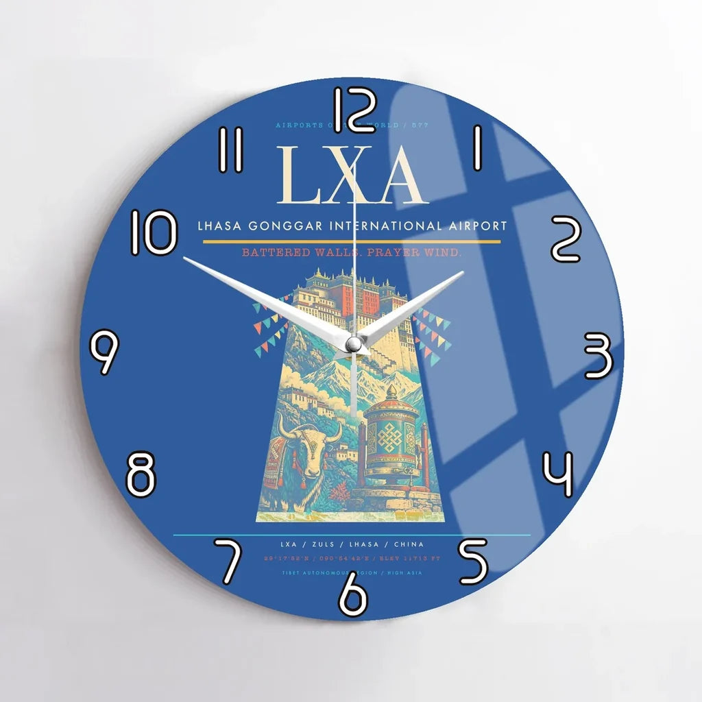 Lhasa Gonggar International Airport (LXA) design on blue no frame wall clock
