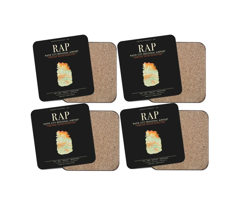 Rapid City Regional Airport (RAP) design on black 4 pieces set coaster