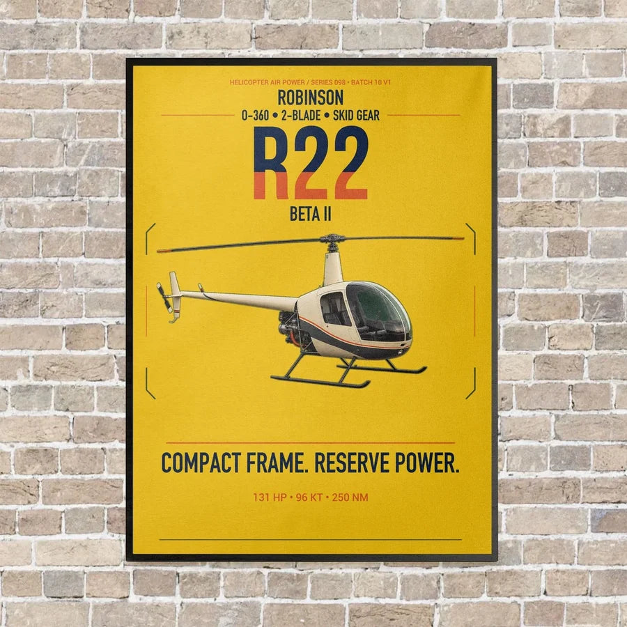 Robinson R22 Beta II vertical canvas print - framed - yellow background
