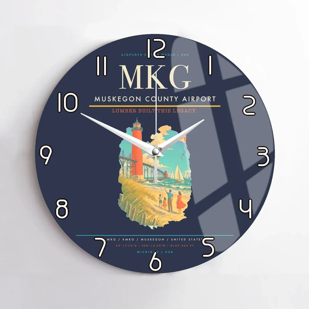 Muskegon County Airport (MKG) design on navy blue no frame wall clock