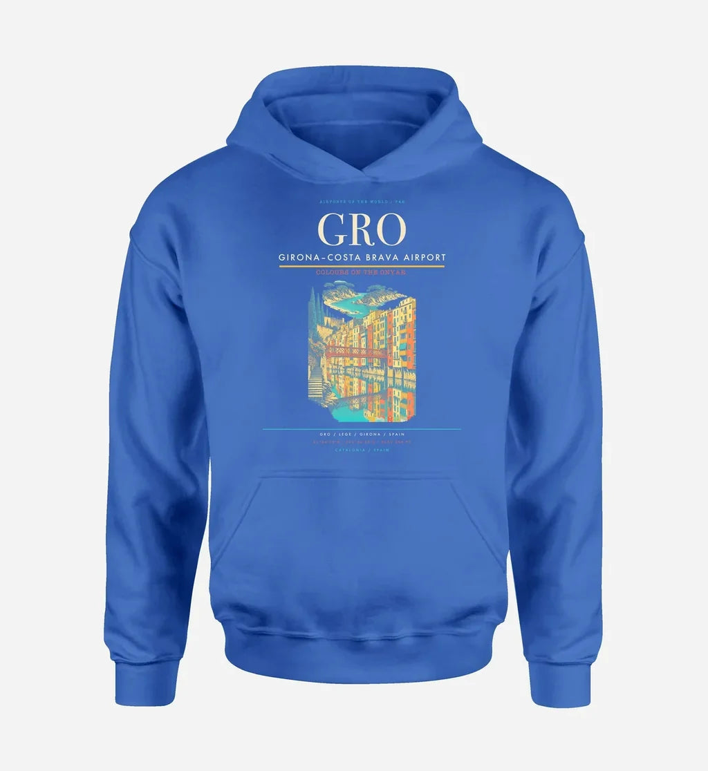 Girona–Costa Brava Airport (GRO) design on blue hoodie single-side print
