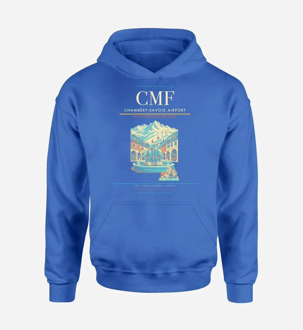 Chambéry-Savoie Airport (CMF) design on blue hoodie single-side print
