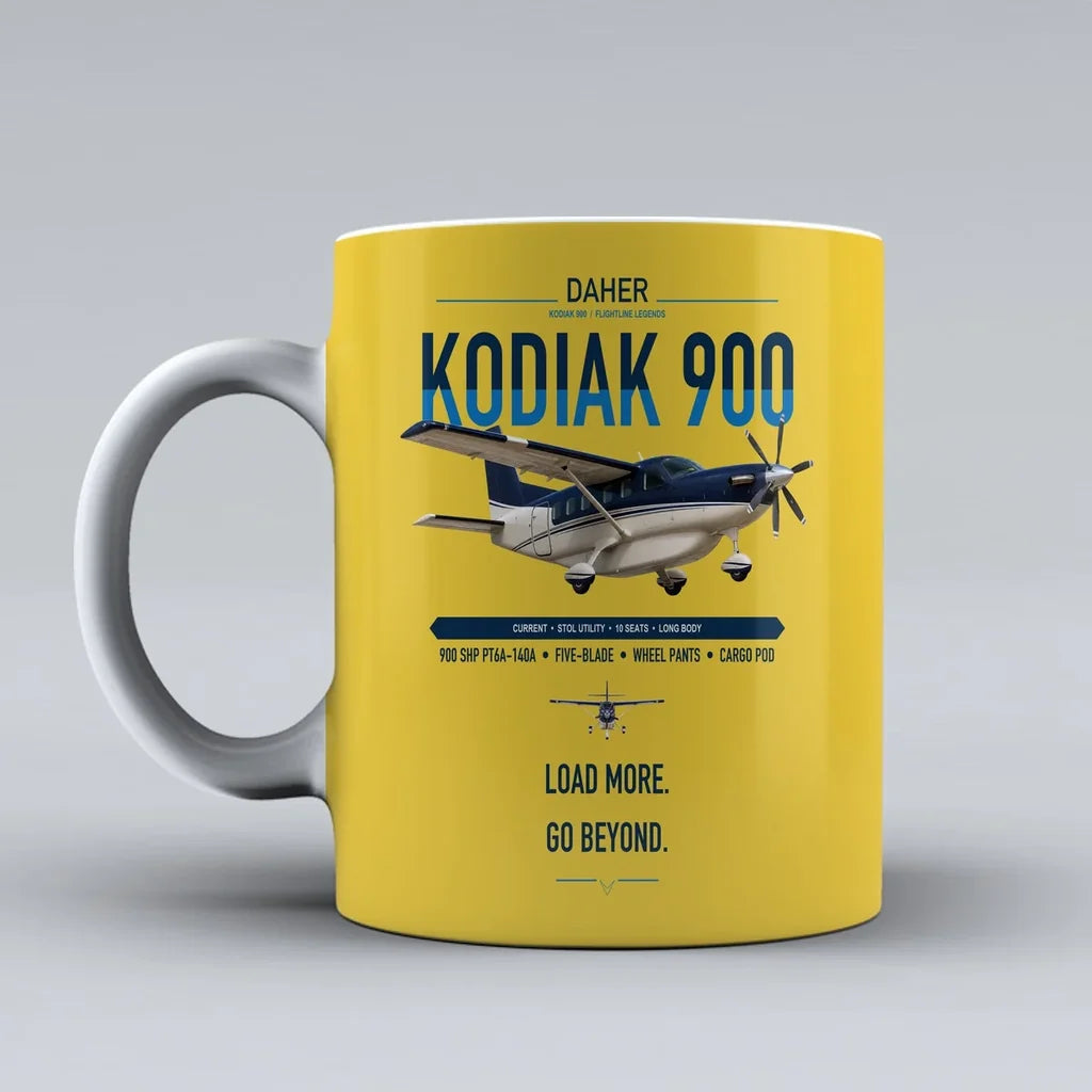 Daher Kodiak 900 design on yellow ceramic mug, double-side print