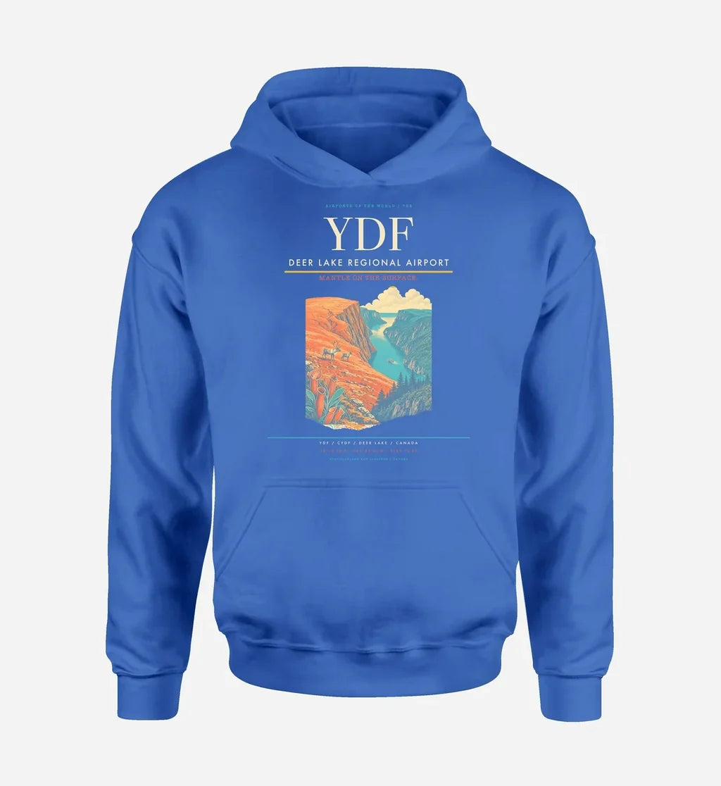 Deer Lake Regional Airport (YDF) design on blue hoodie single-side print