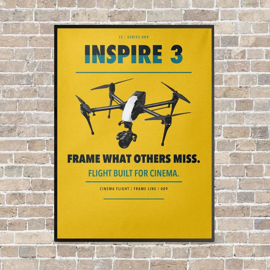 DJI Inspire 3 vertical canvas print - framed - yellow background