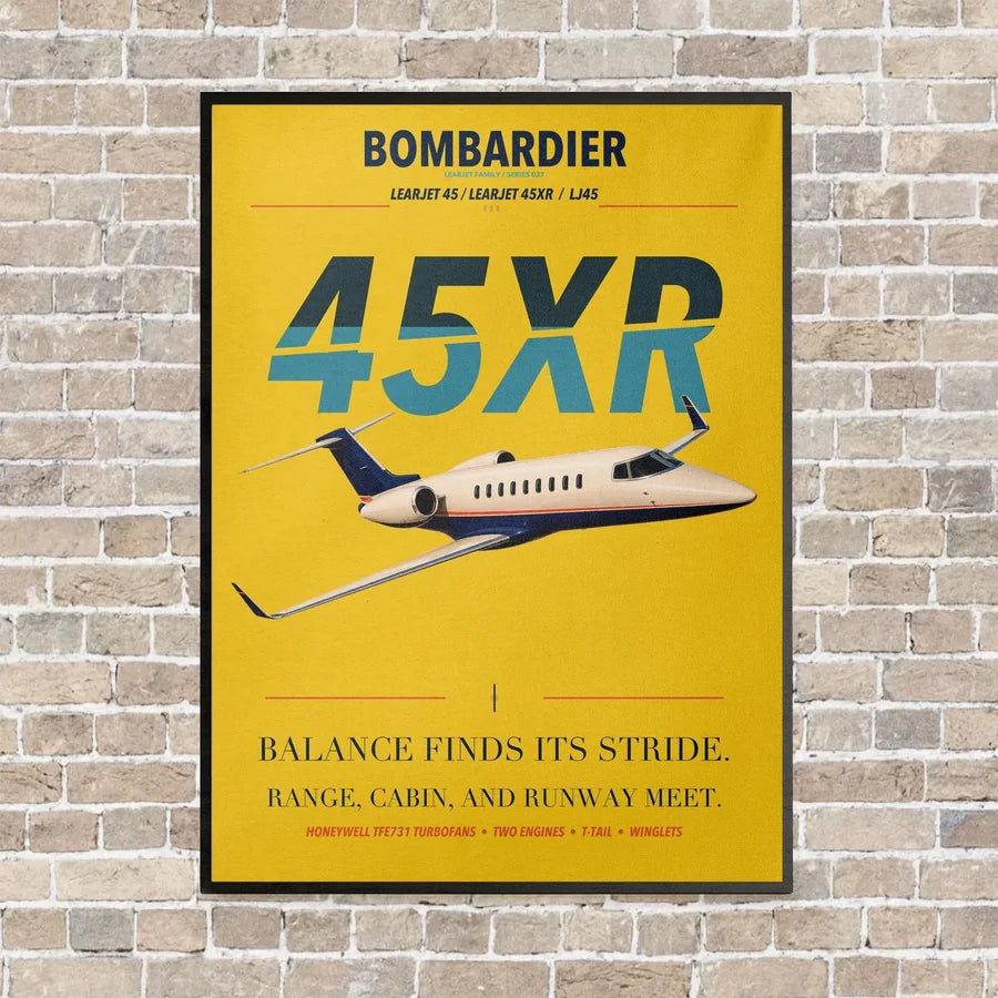 Bombardier Learjet 45XR vertical canvas print - framed - yellow background