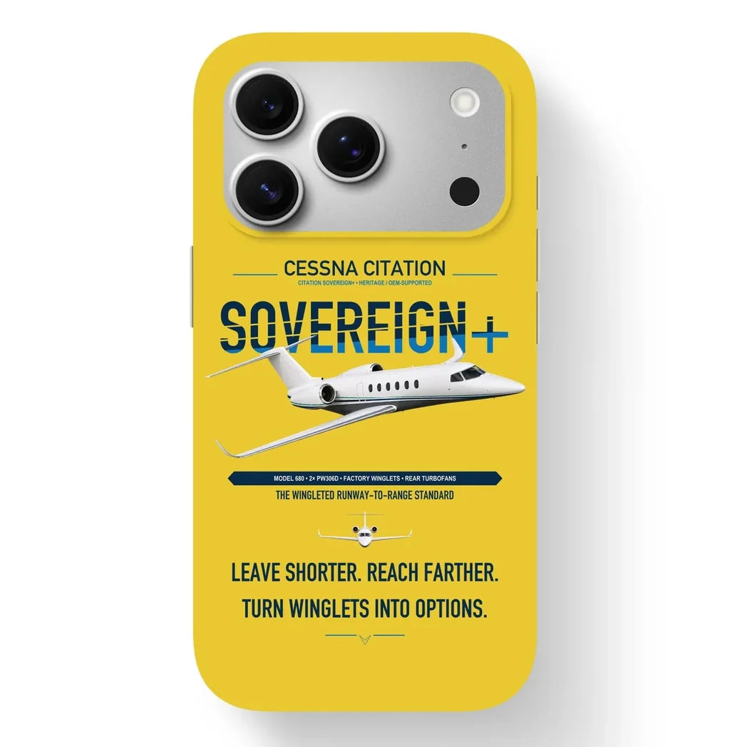 Cessna Citation Sovereign+ design on yellow magsafe iphone case, for iPhone 17 Pro